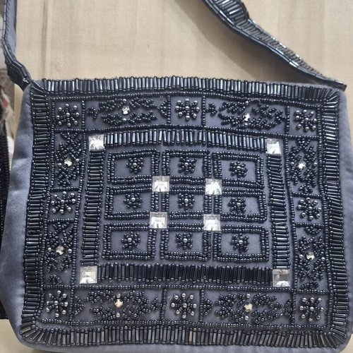 KEM grey satin evening shoulder bag embroidered with beads