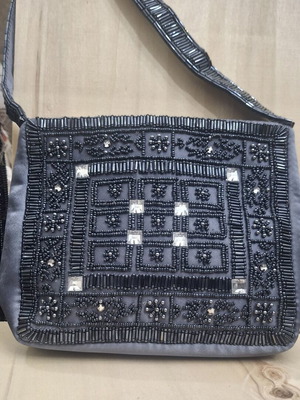 KEM grey satin evening shoulder bag embroidered with beads