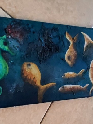 Underwater scene with fish acrylic painting on canvas 20x61 cm