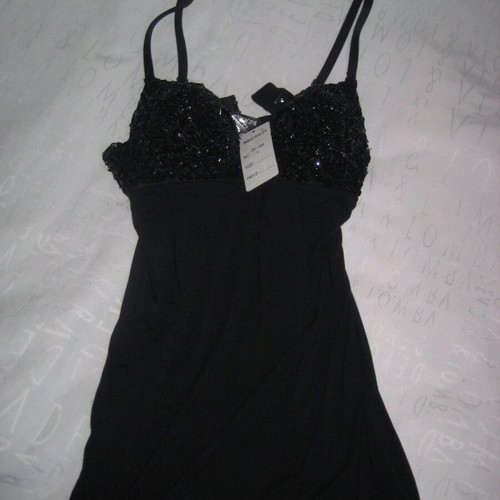 Elegant black dress with beaded bustier and straps