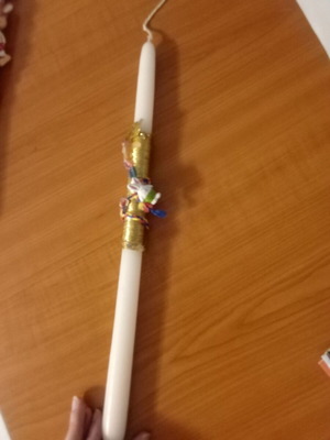 White Easter Candle handmade, new with ribbons and decoration