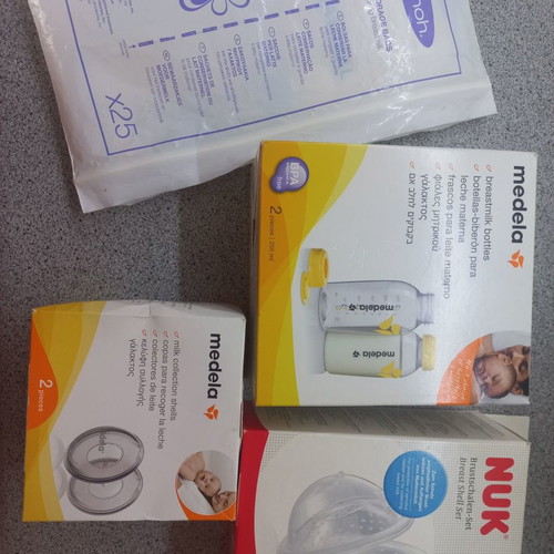 Breast milk collection accessories used, bottles, shells, covers, bags