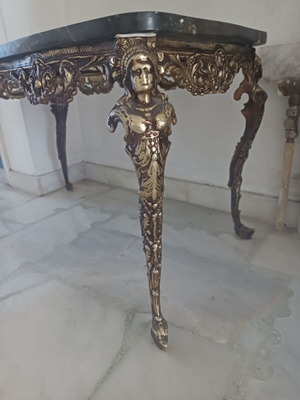 Bronze Table with Marble Top used, Baroque Style with Caryatid Legs