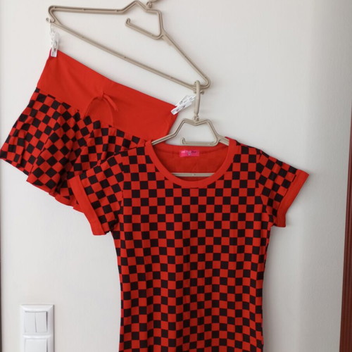 PNK Pink Blue women's set with red and black checkered T-shirt and skirt