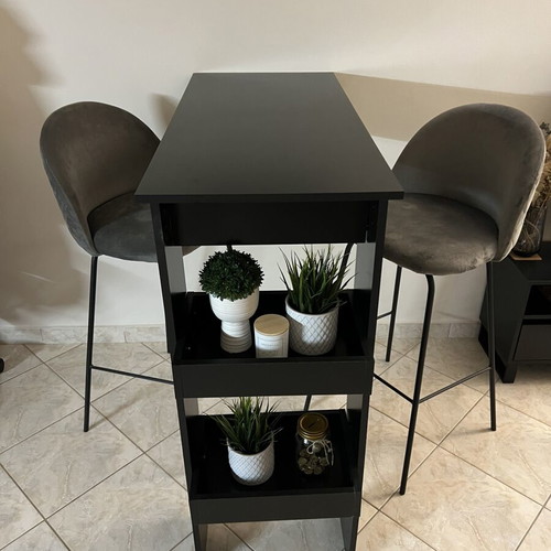 Black wall-mounted bar table with side shelves