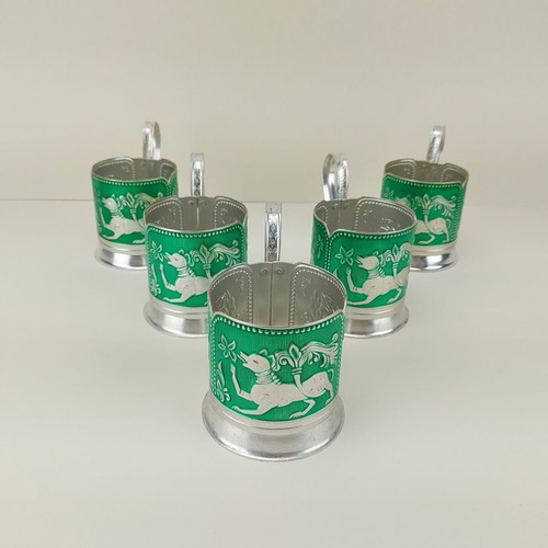 Old Soviet Russian set of 5 cup holders type podstakannik used