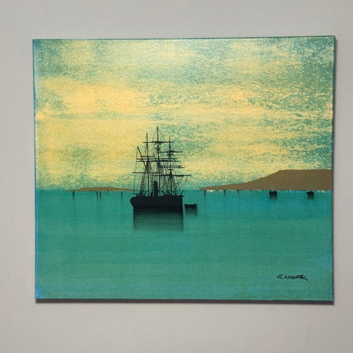 Original Painting by Giorgos Siountas Ship in Turquoise Sea like new
