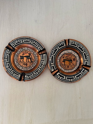 Vintage handmade copper ashtrays set of 2 with Greek key design