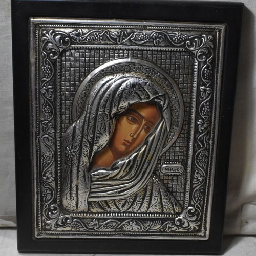 Byzantine Icon of Virgin Mary used with Metal Overlay in Wooden Frame