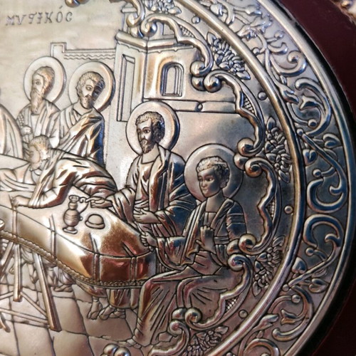 Ασημένια εικόνα Μυστικός Δείπνος μεταχειρισμένη σε μπορντό ξύλινη φόρμα
