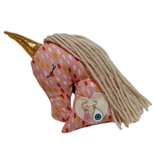 Newborn amulet unicorn salmon with safety pin, evil eye and tassel