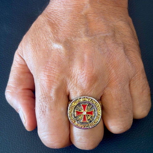 Maltese Cross Templar ring stainless steel with red enamel, US 11