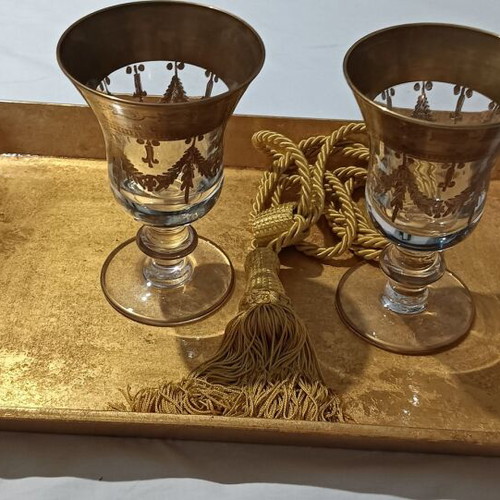 Handmade brass gold glasses set of two with tray
