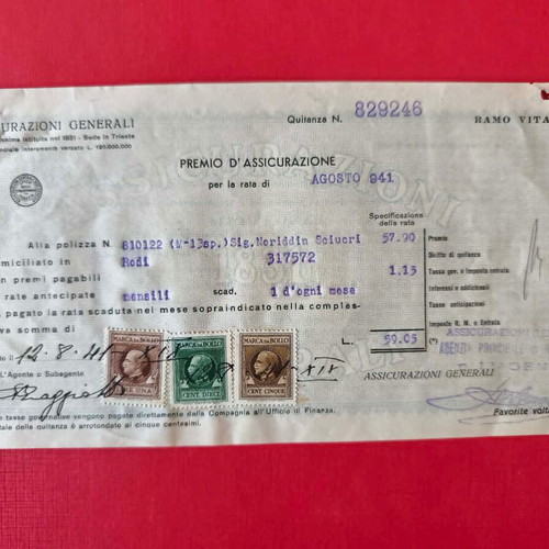 Assicurazioni Generali Life Insurance Payment Receipt used with 3 Marca da Bollo stamps