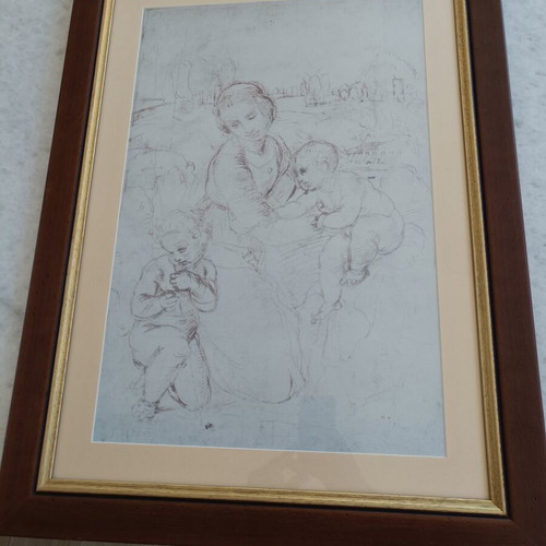 Engraving-style painting, children's scene, 0.80x0.60 m, vintage