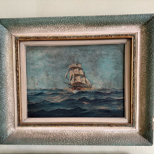 Oil Painting with Sailing Ship on Sea used, vintage nautical theme