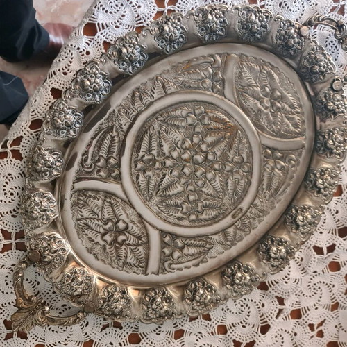 Serving tray old handmade silver-plated used 49x30cm