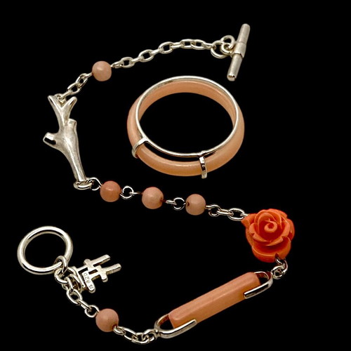 Silver bracelet with coral new, pink and orange