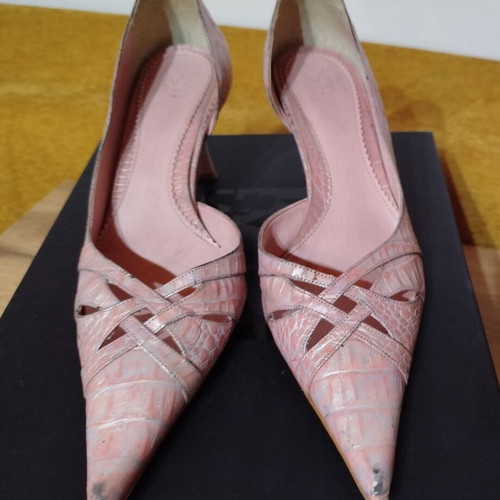 Mortoglou pointed pumps used, pink-silver snake pattern, size 40