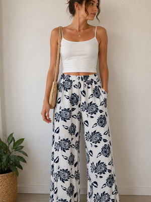 Celestino high-waisted floral wide leg pants size L new