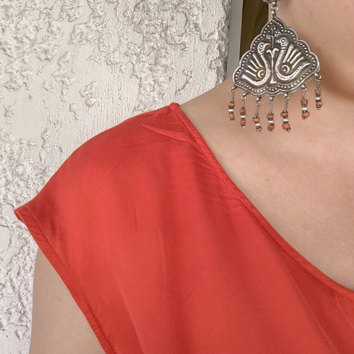 Large ethnik handmade silver earrings with coral and pearl like new