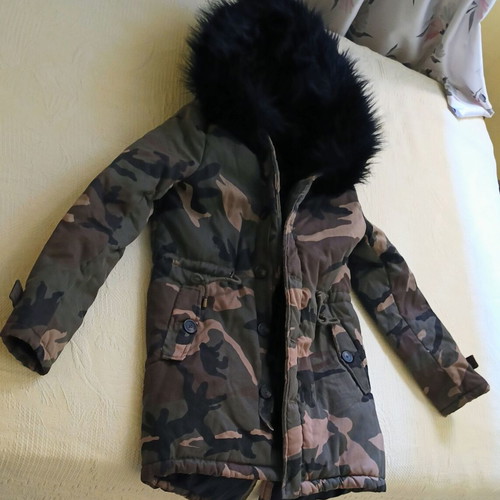 Military-style jacket with hood lined with black fur like new, size S