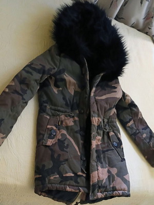 Military-style jacket with hood lined with black fur like new, size S
