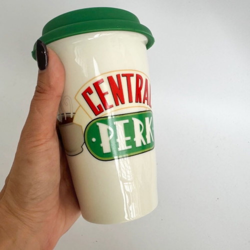 Ceramic Friends mug with silicone lid new for hot drinks