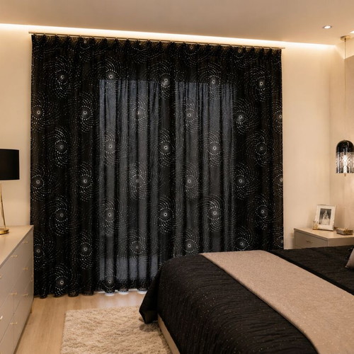Black Semi-Transparent Curtain with Silver Spiral Design 286x274 cm new