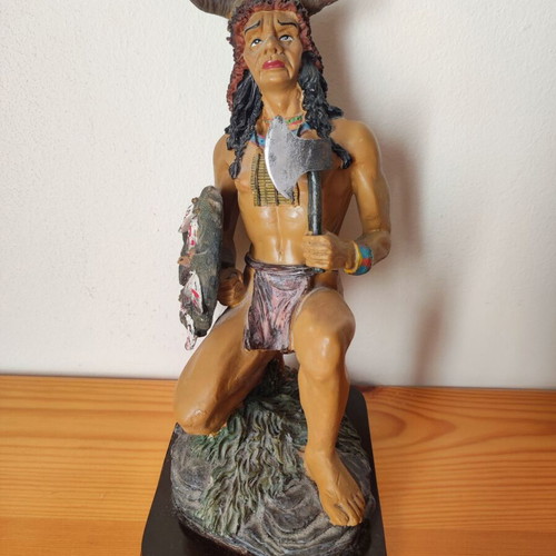 Vintage Native American warrior statue used, kneeling with spear and tomahawk