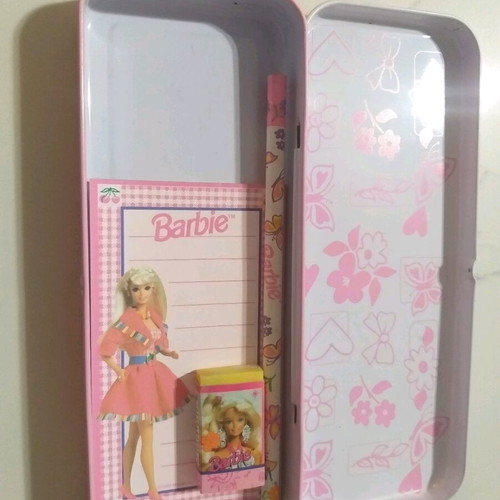 Barbie 1994 metal pencil case used vintage with notepad and pencil