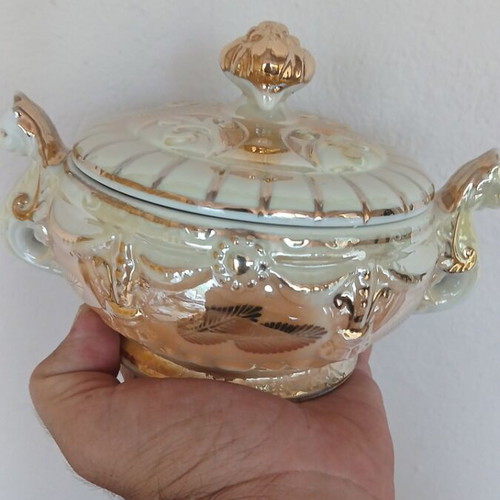 Vintage porcelain lusterware fondue pot with lid, like new, 1950s