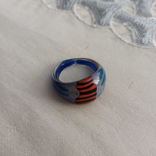Murano ring like new with blue, orange and black colors and silver leaf
