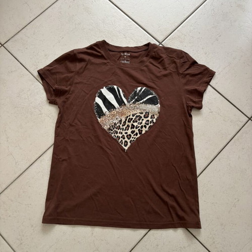 T-shirt Shein brown with heart print and gold glitter, like new, size M