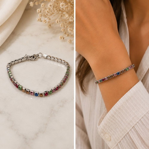 Tennis bracelet silver with multicolor stones new
