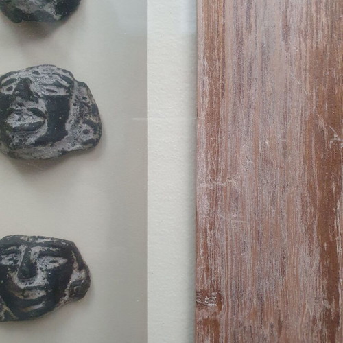 Pre-Columbian art masks used, set of 6 in wooden frame with glass