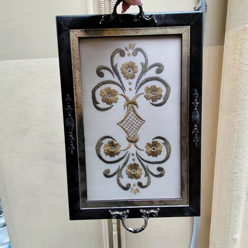 Vintage wooden tray with embroidery used
