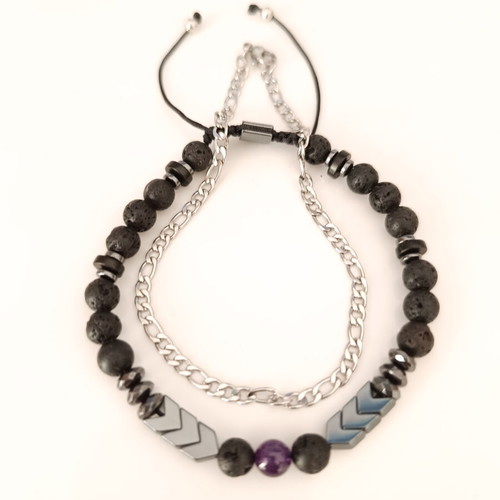 Unisex Bracelet Set with Steel Figaro Chain & Black Semi-Precious Stones