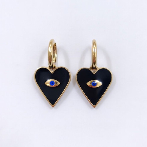 Steel Earrings with Black Heart and Eye New, Gold and Black