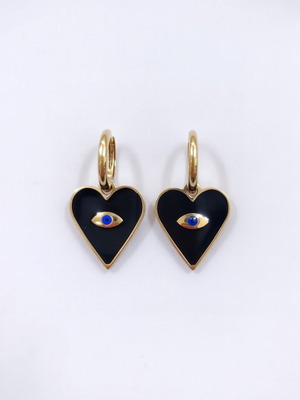Steel Earrings with Black Heart and Eye New, Gold and Black