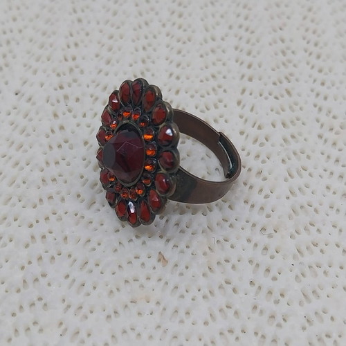 Vintage brass ring with amber glass beads, adjustable