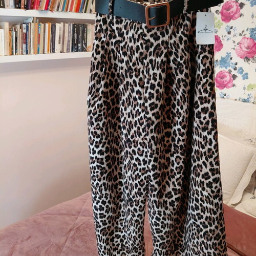 Leopard Print Wide Leg Pants with Belt One Size New