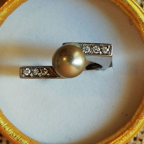 Steel solitaire ring silver with synthetic pearl and zircon new