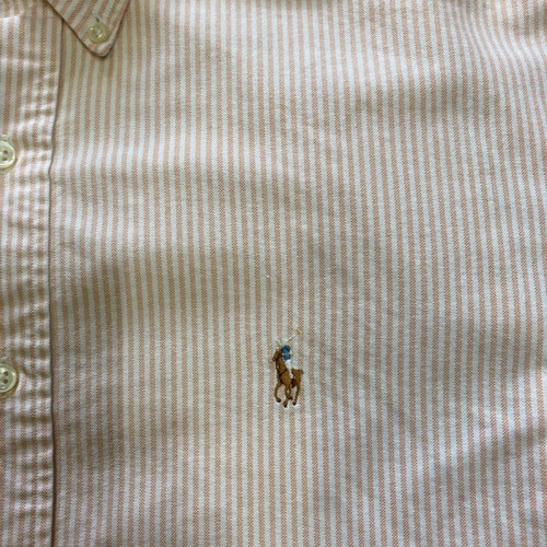 Ralph Lauren Short Sleeve Oxford Shirt L, beige white pinstripe, cotton