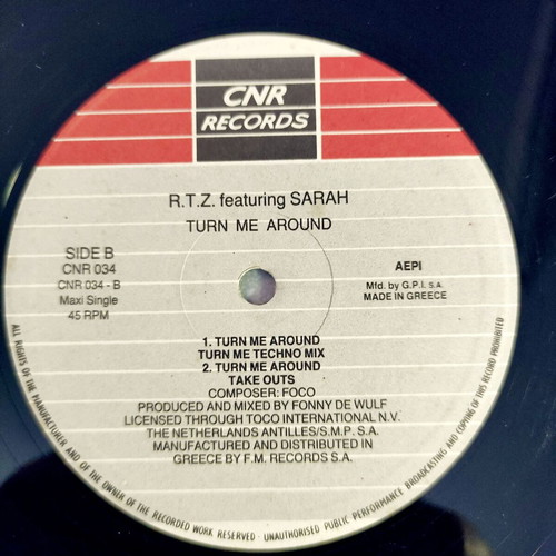 R.T.Z. Featuring Sarah Turn Me Around 12'' Vinyl Maxi Single used, electronic