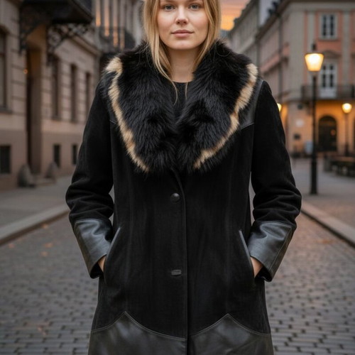 Collectible leather coat with detachable natural fox fur like new, black