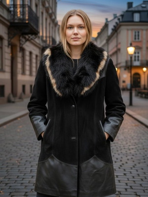 Collectible leather coat with detachable natural fox fur like new, black