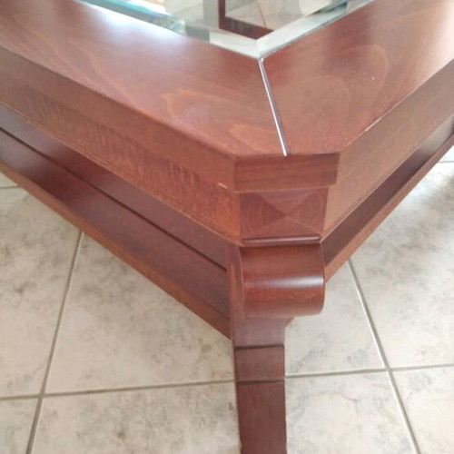 Square coffee table with glass like new, cherry finish