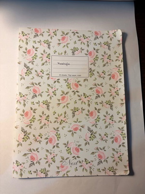 Notebook used A4 with floral design and pencils