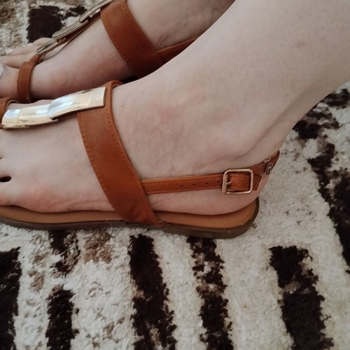 Flat sandals used, tan with metallic detail, size 37